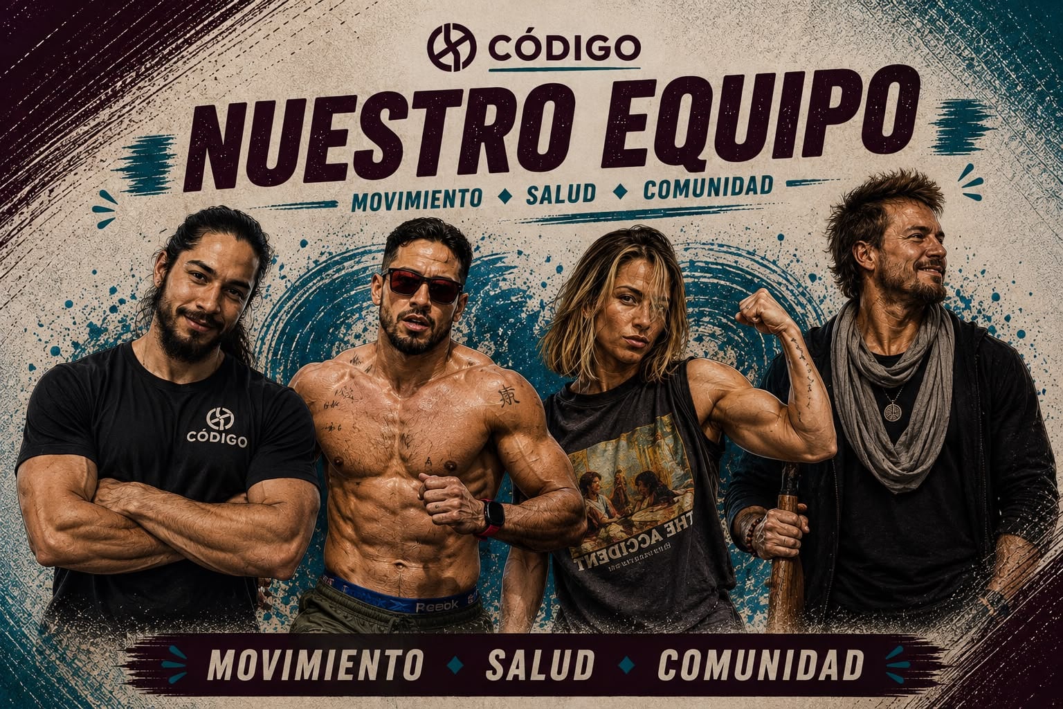 Pieza gráfica del equipo de CÓDIGO con personas reunidas